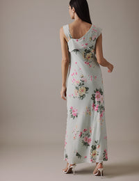 Floral Green Asymmetric Neckline Midi Gardenia Dress