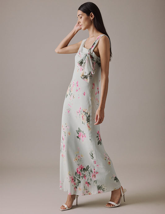 Floral Green Asymmetric Neckline Midi Gardenia Dress Floral Green Asymmetric Neckline Midi Gardenia Dress