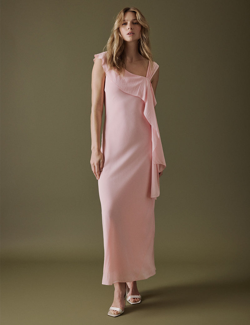 Pink Asymmetric Neckline Midi Gardenia Bridesmaids