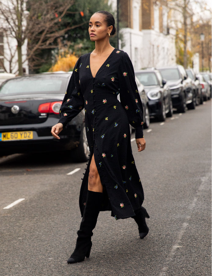 Black Floral Embroidered Balloon Sleeve Shannon Midi Dress Black Floral Embroidered Balloon Sleeve Shannon Midi Dress