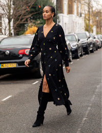 Black Floral Embroidered Balloon Sleeve Shannon Midi Dress
