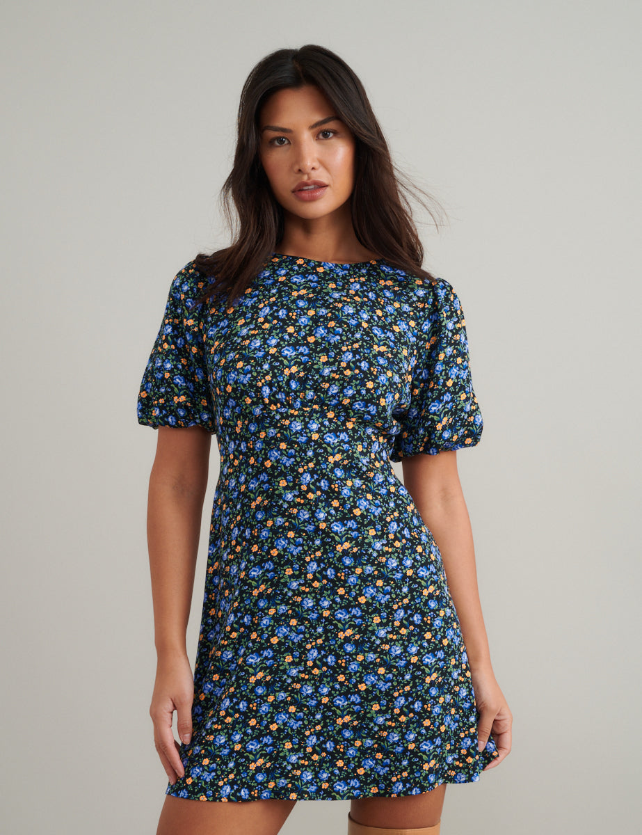 Blue and Yellow Ditsy Floral Benita Mini Dress Blue and Yellow Ditsy Floral Benita Mini Dress