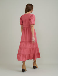 Pink Puff Sleeve Tiered Alexandra Midi Dress