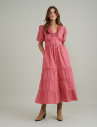 Pink Puff Sleeve Tiered Alexandra Midi Dress