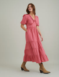 Pink Puff Sleeve Tiered Alexandra Midi Dress