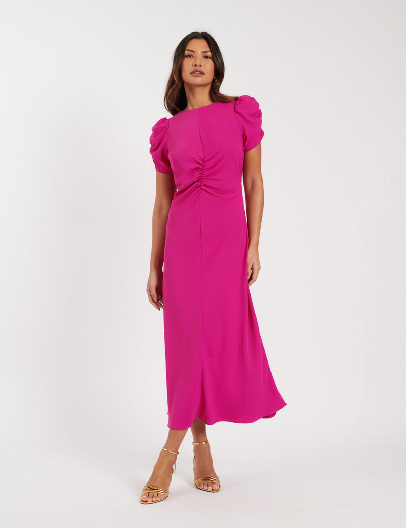 Pink Ruched Naomi Midi Dress