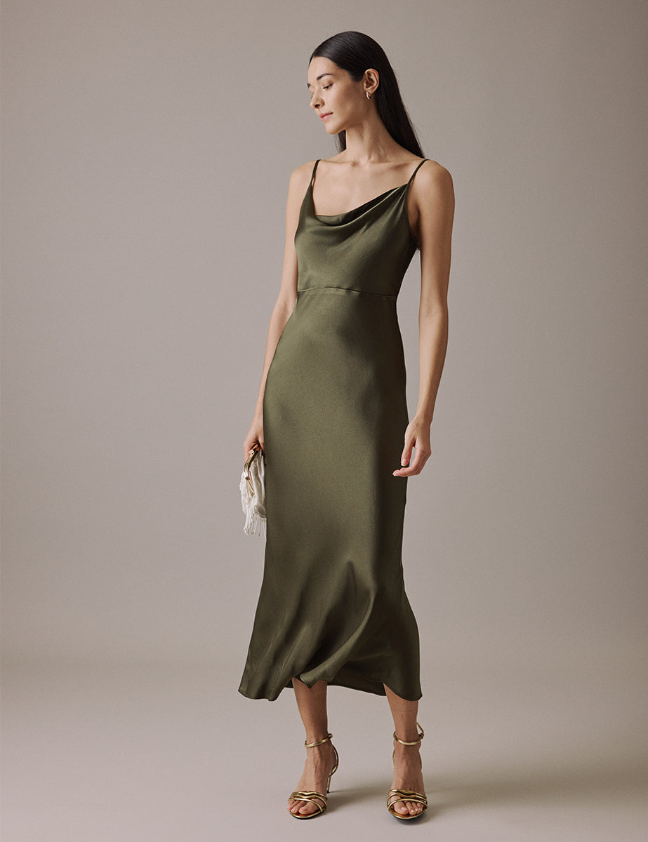 Olive Cowl Neck Midi Trixie Dress - Main Image