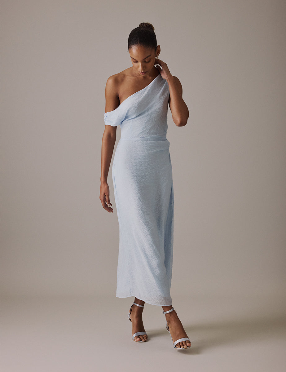 Soft Blue One Shoulder Midi Skylar Dress Soft Blue One Shoulder Midi Skylar Dress
