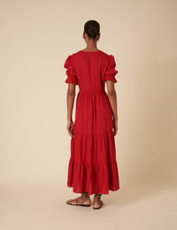 Red Tie Front Tiered Lia Midi Dress