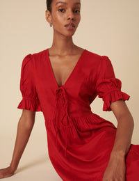 Red Tie Front Tiered Lia Midi Dress