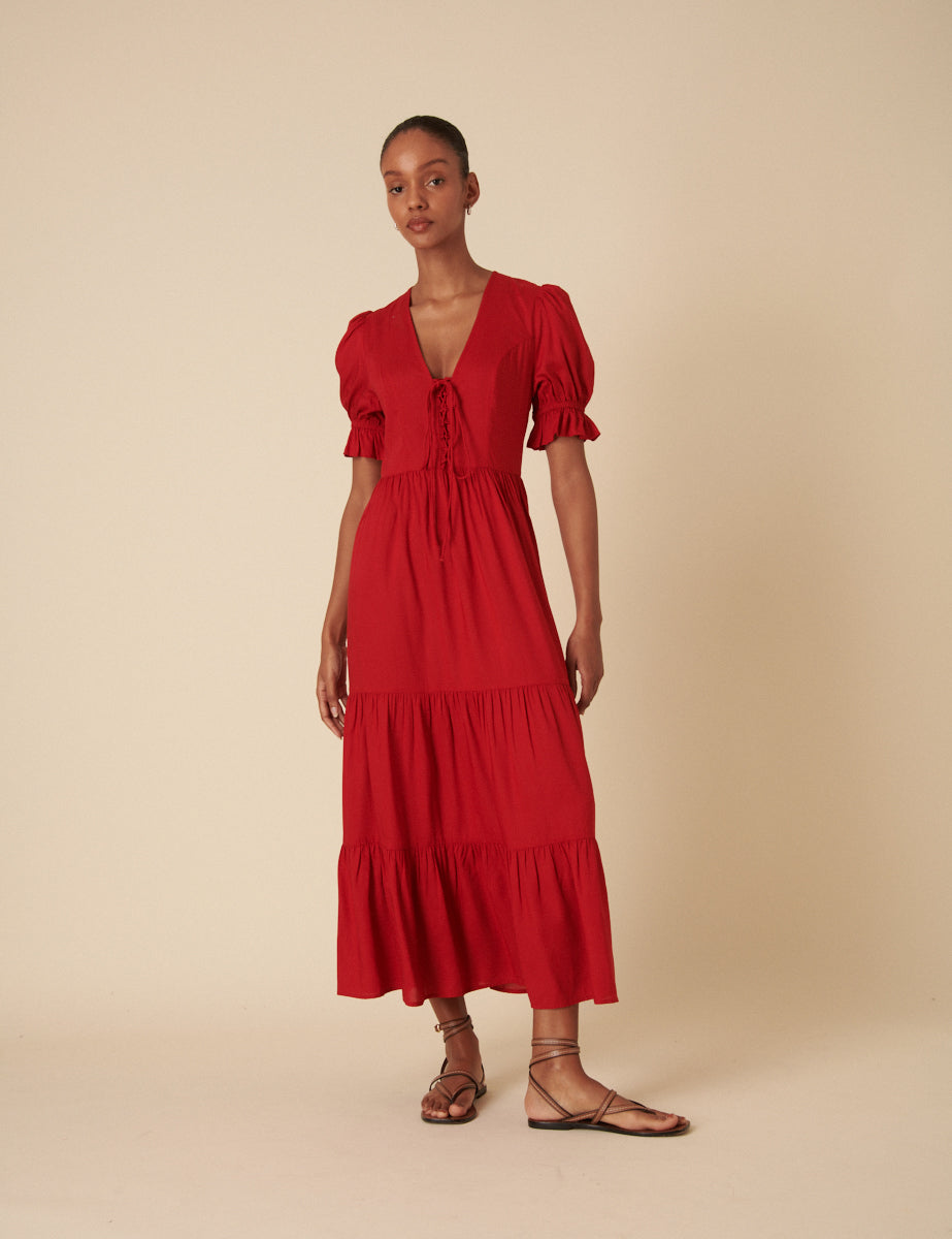 Red Tie Front Tiered Lia Midi Dress Red Tie Front Tiered Lia Midi Dress