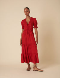 Red Tie Front Tiered Lia Midi Dress