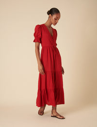Red Tie Front Tiered Lia Midi Dress