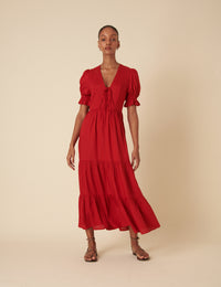 Red Tie Front Tiered Lia Midi Dress