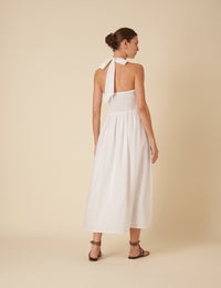 White Shirred Halter Neck Tizzy Midi Dress