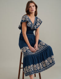 Navy Floral Embroidered Tiered Suzie Midi Dress