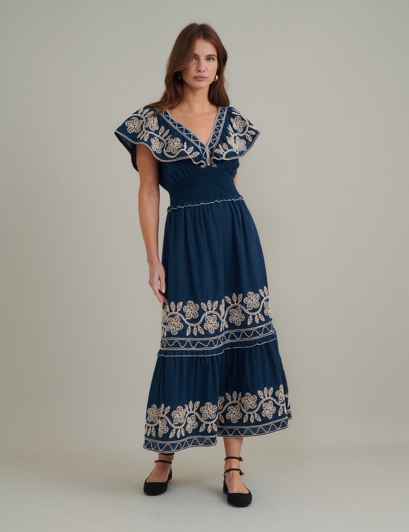 Navy Floral Embroidered Tiered Suzie Midi Dress