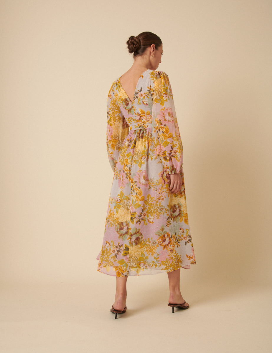 Yellow Blue Floral Balloon Sleeve Midi Dress
