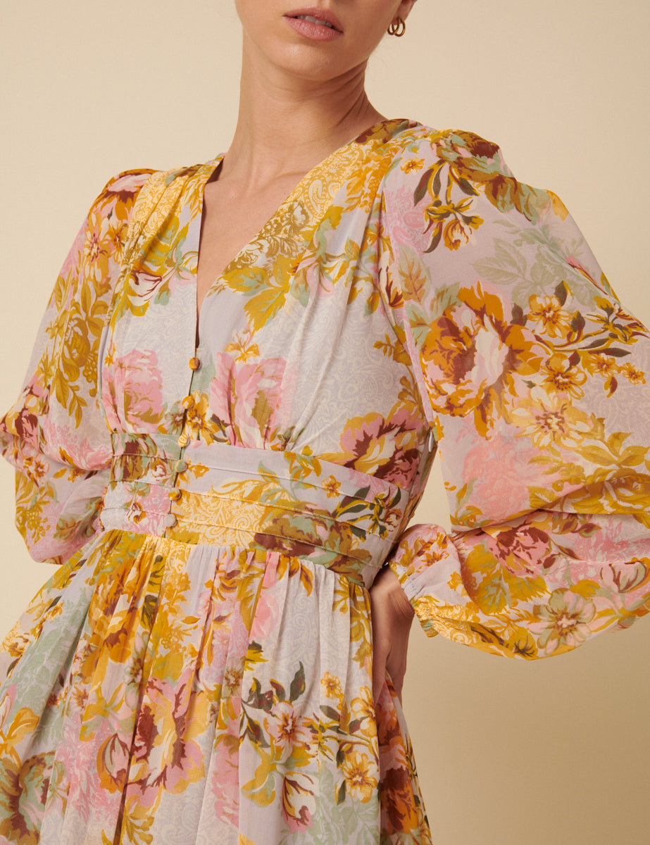 Yellow And Blue Floral Aine Midi Dress