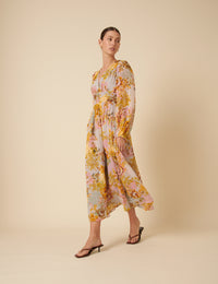 Yellow And Blue Floral Aine Midi Dress