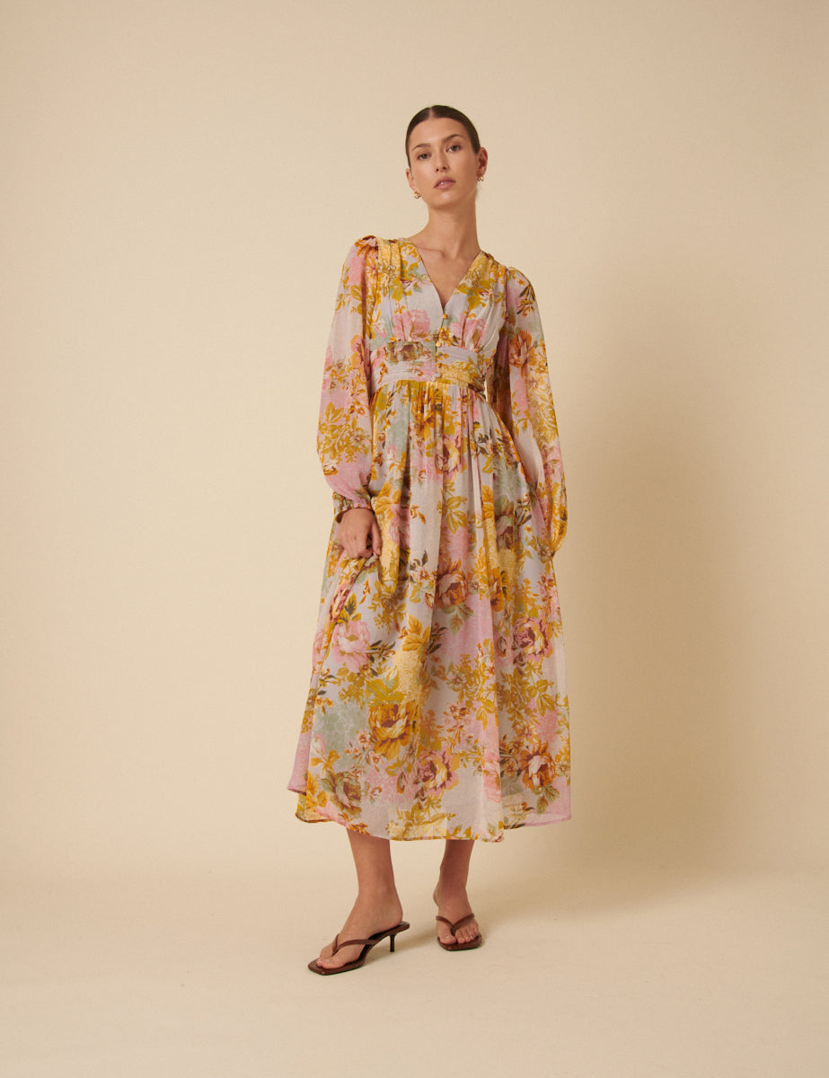 Yellow Blue Floral Balloon Sleeve Midi Dress