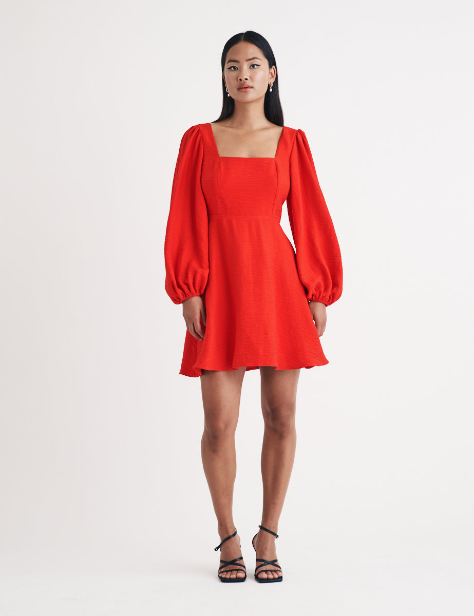 Red Balloon Sleeve Loredana Mini Dress Red Balloon Sleeve Loredana Mini Dress