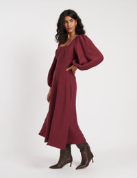 Burgundy Balloon Sleeve Loredana Midi Dress