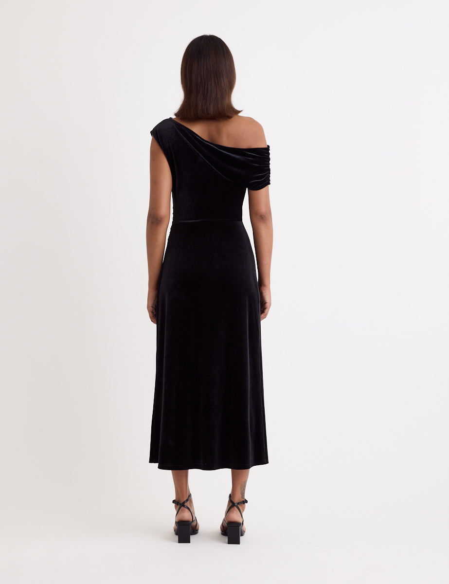 Black Velvet Off Shoulder Skylar Midi Dress