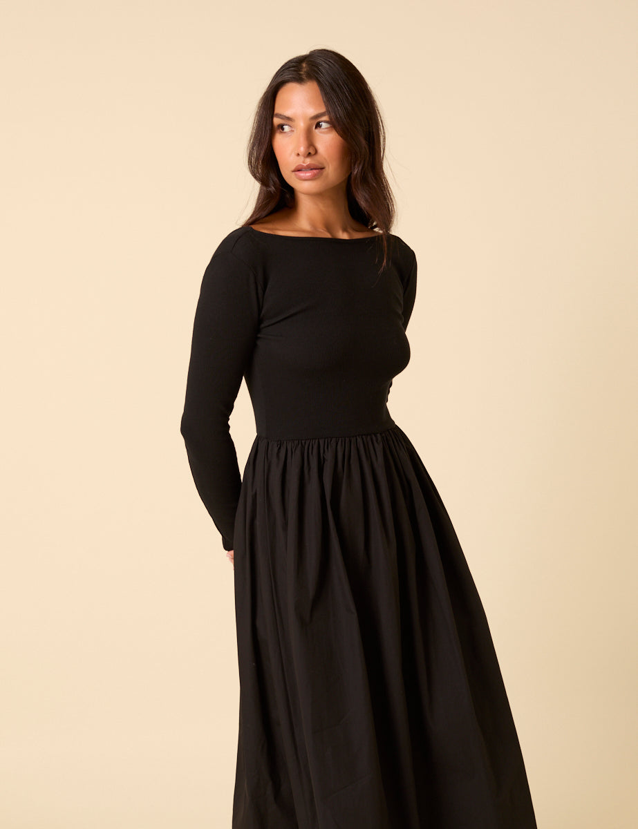 Black Boat Neck Long Sleeve A-Line Penni Midi Dress | Nobody's Child Black Boat Neck Long Sleeve A-Line Penni Midi Dress | Nobody's Child