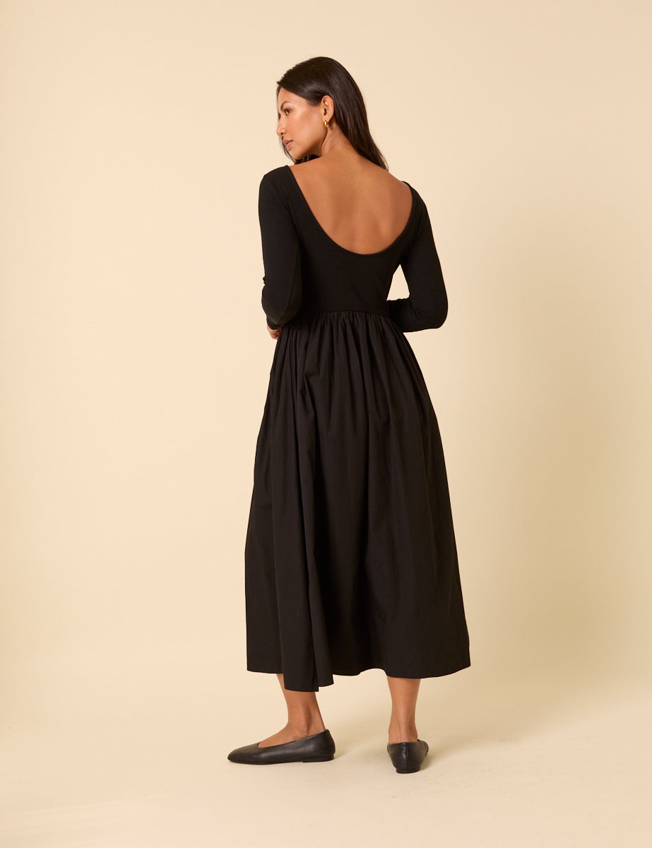 Black Boat Neck Long Sleeve A-Line Penni Midi Dress | Nobody's Child Black Boat Neck Long Sleeve A-Line Penni Midi Dress | Nobody's Child