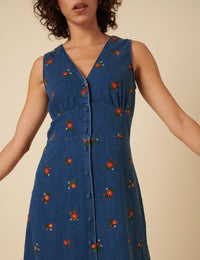 Blue Denim Embroidered Sandra Midi Dress