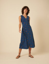 Blue Denim Embroidered Sandra Midi Dress