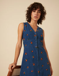 Blue Denim Embroidered Sandra Midi Dress