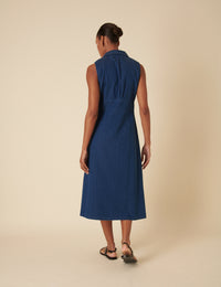 Dark Wash Denim Collared Button Down Sleeveless Betsie Dress