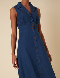 Dark Wash Denim Collared Button Down Sleeveless Betsie Dress