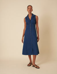 Dark Wash Denim Collared Button Down Sleeveless Betsie Dress