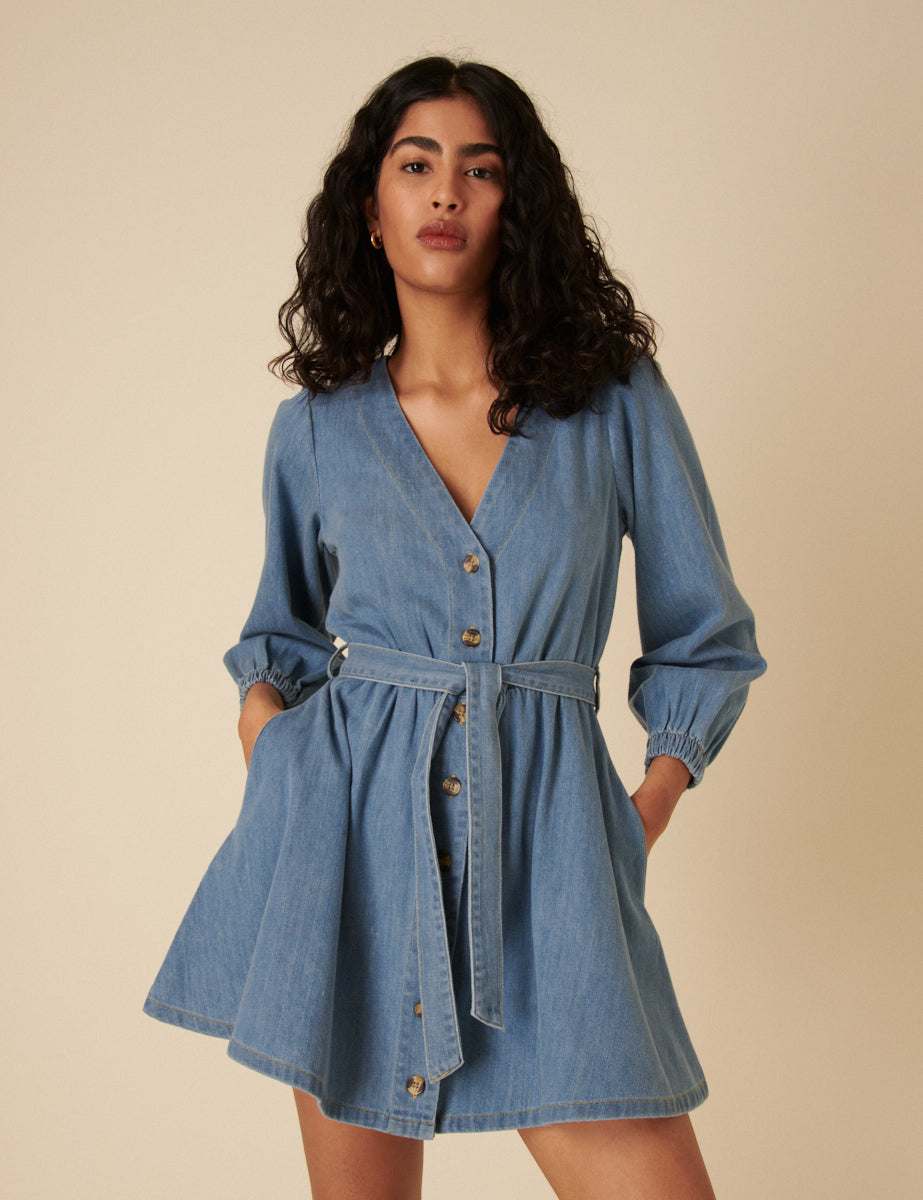 Light Blue Denim Tie Waist Nolan Mini Dress