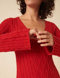 Red Cable Knit A-Line Knitted Dress