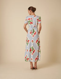 Blue Tile Print Floral Flora Midi Dress