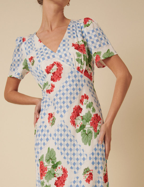 Blue Tile Print Floral Flora Midi Dress