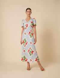 Blue Tile Print Floral Flora Midi Dress