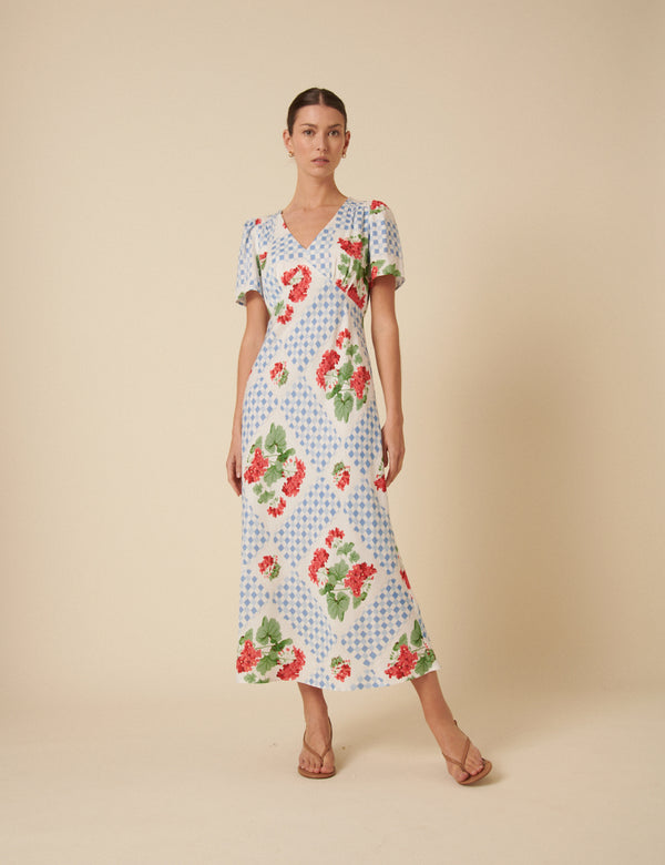 Blue Tile Print Floral Flora Midi Dress