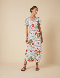 Blue Tile Print Floral Flora Midi Dress