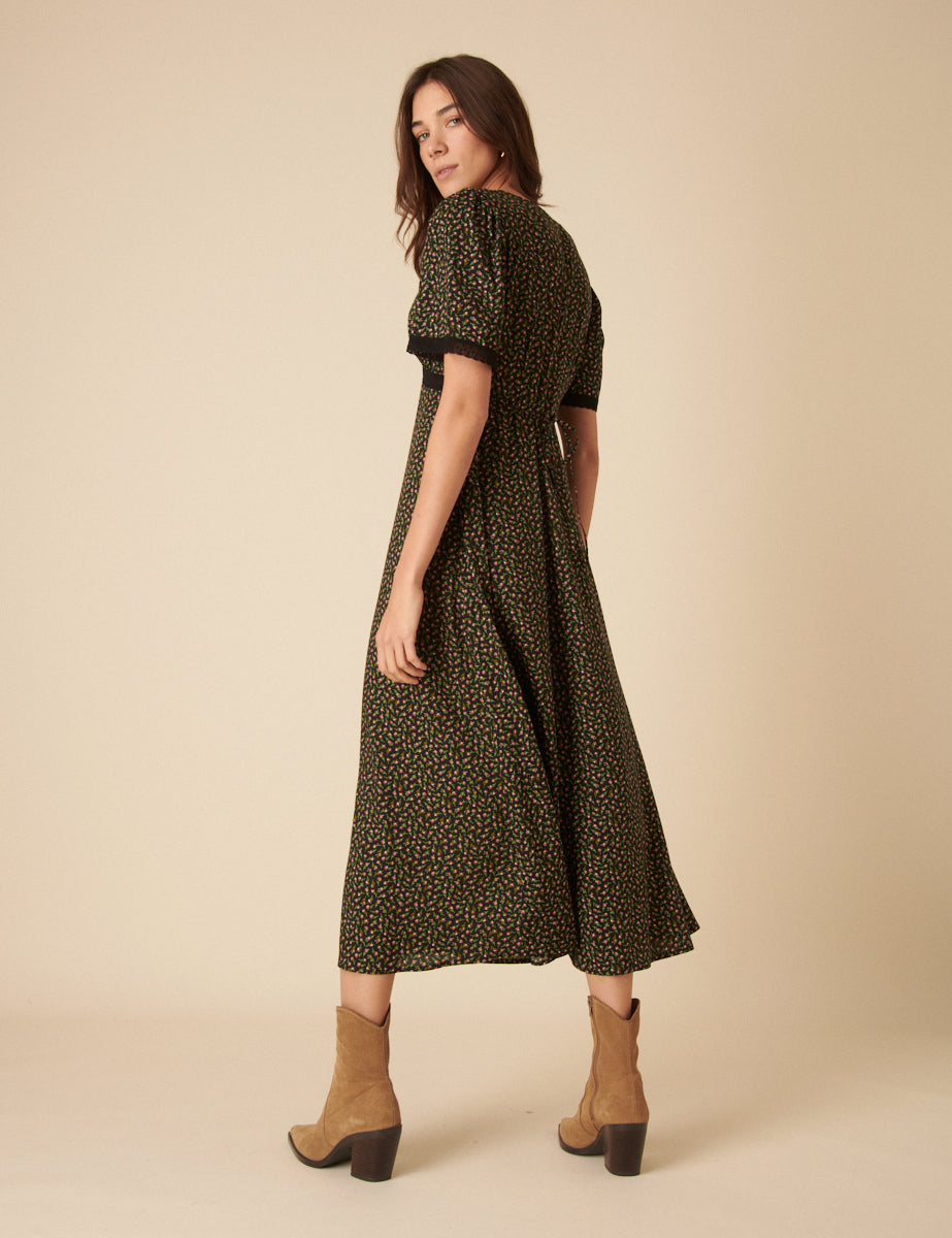 Black Ditsy Floral Khairan Midi Dress