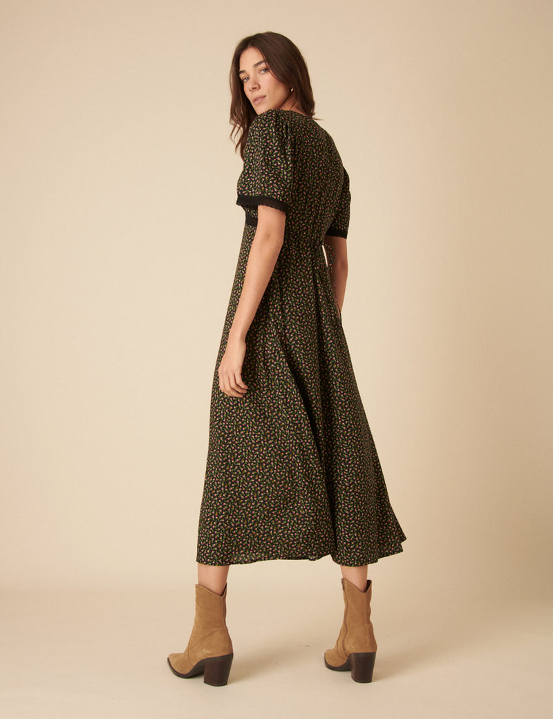Black Ditsy Floral Khairan Midi Dress