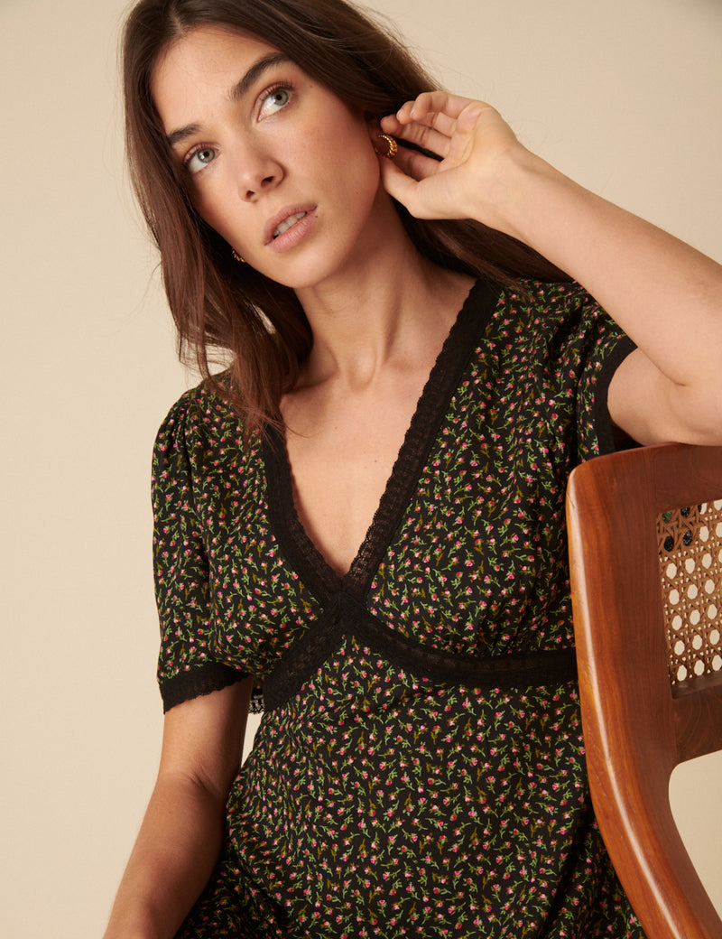 Black Ditsy Floral Khairan Midi Dress