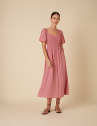 Pink Floral Ruched Mia Midi Dress