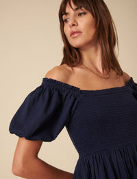Navy Puff Sleeve Shirred Tasmin Midi Dress