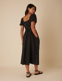 Black Pinstripe Puff Sleeve Aggie Midi Dress