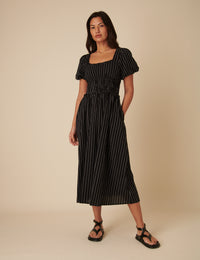Black Pinstripe Puff Sleeve Aggie Midi Dress